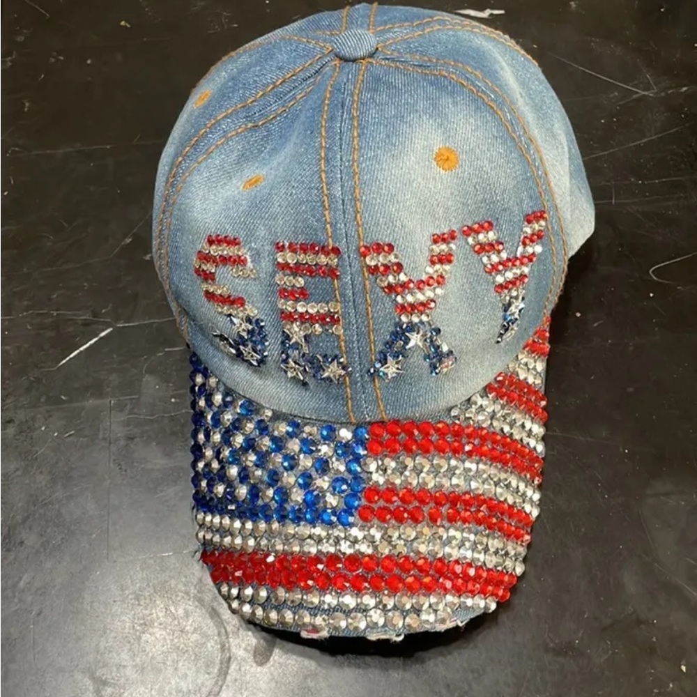 USA Jewel Studded Baseball Cap USA Bling Rhinestone Distressed Denim Hat Women